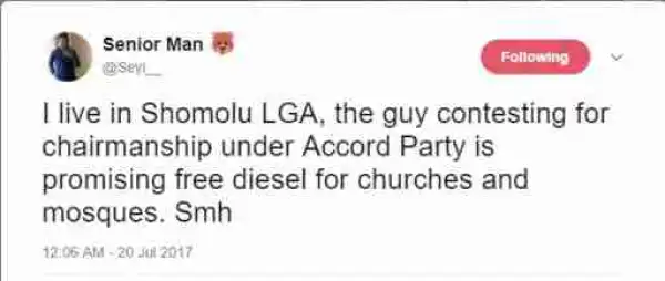 LG Chairmanship Aspirant Promises " Free diesel For Churches And Mosques " In Shomolu